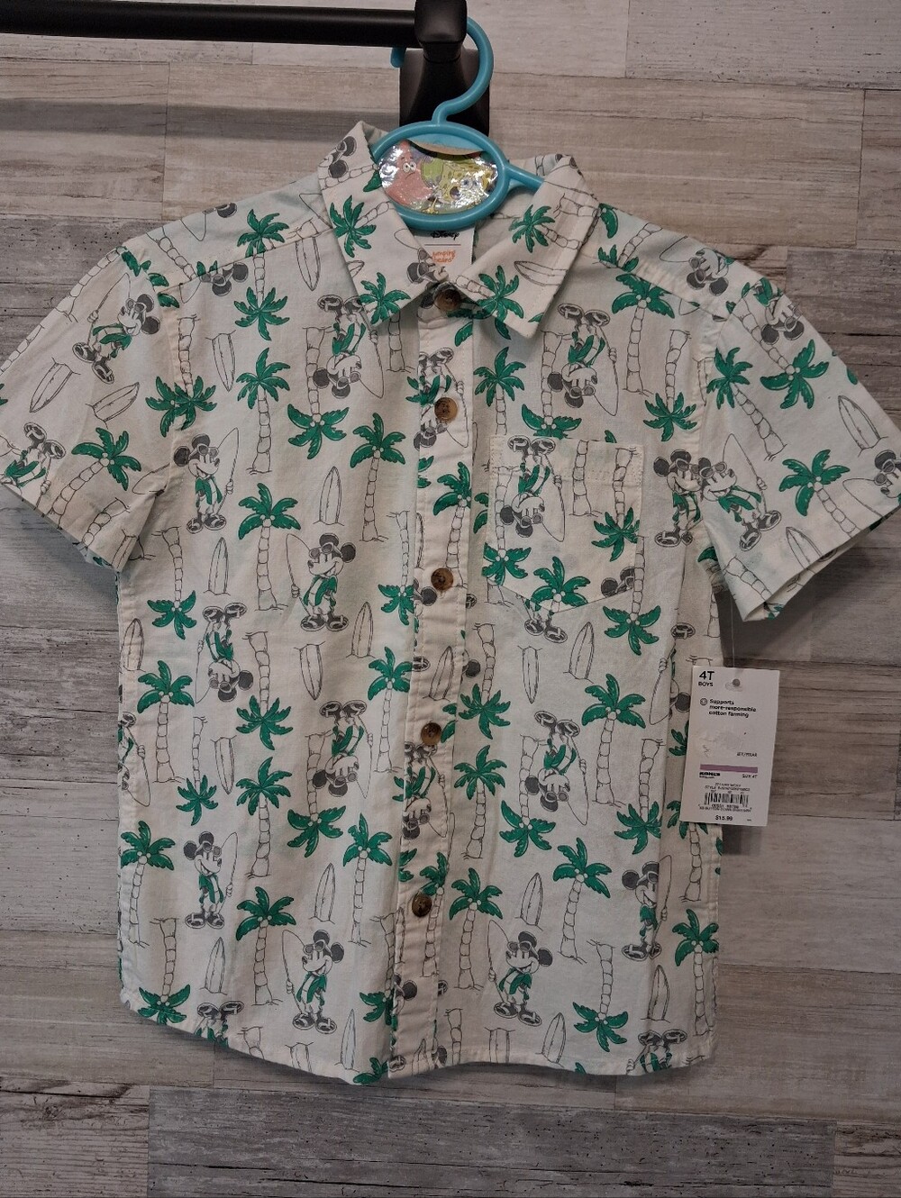 Disney White Short Sleeve Button Shirt with Green Palm Print